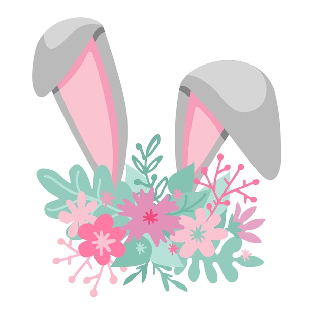 Ilustración divertida de Pascua para el diseño de carteles y pancartas con flores de primavera y orejas de conejo de Pascua