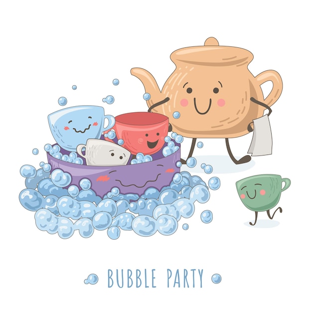 Vector ilustración divertida con tetera, tazas rodeadas de burbujas