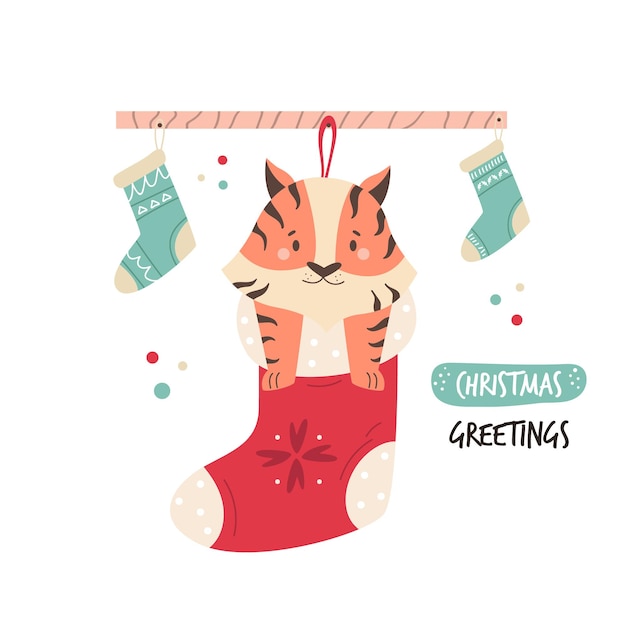 Ilustración divertida con un tigre feliz sentado en un calcetín de Navidad. Imagen vectorial en un estilo plano moderno