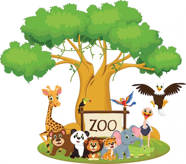 Ilustración de divertidos dibujos animados de animales zoológicos