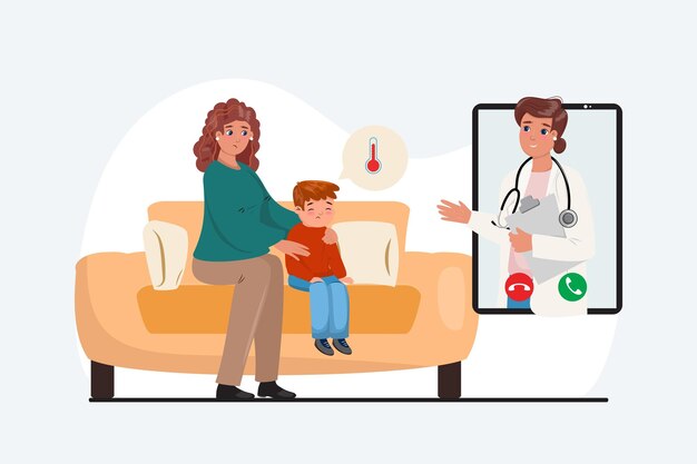 Ilustración de una doctora hablando por teléfono recibiendo a un pequeño paciente con su madre