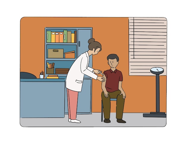 Ilustración de una doctora que le da una inyección al paciente