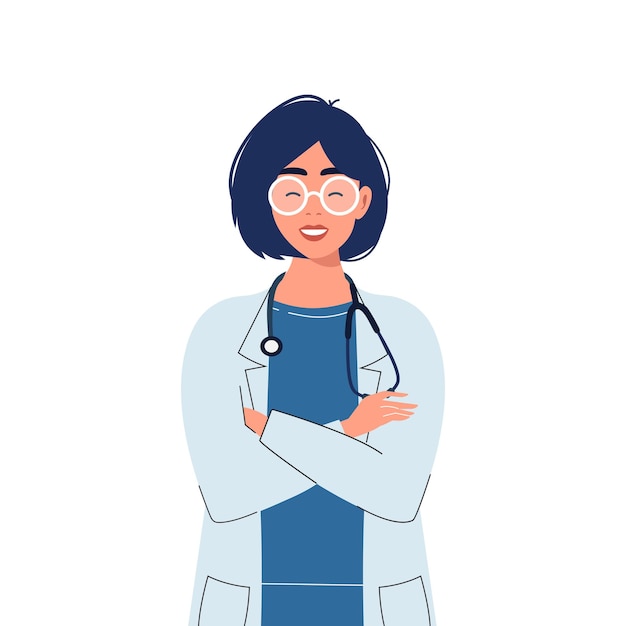 Ilustración de una doctora sonriente con un estetoscopio en una bata blanca pose segura