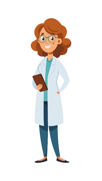 Ilustración de una doctora sonriente sosteniendo un clipboard en un abrigo blanco