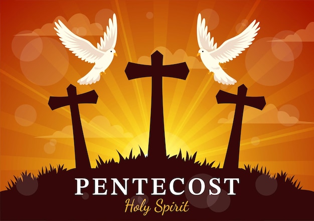 Ilustración del domingo de Pentecostés con llama y paloma del Espíritu Santo en católicos o cristianos religiosos
