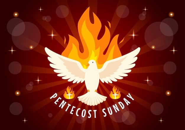 Ilustración del domingo de Pentecostés con llama y paloma del Espíritu Santo en católicos o cristianos religiosos