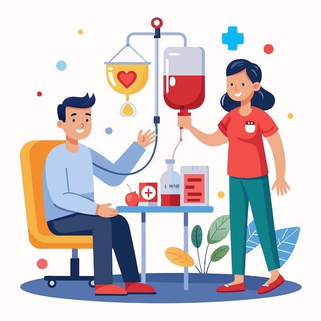 Ilustración de la donación de sangre Personaje animado alegre que anima a la donacion de sangre