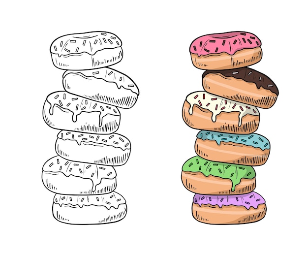 Ilustración de donuts dibujados a mano en negro y color