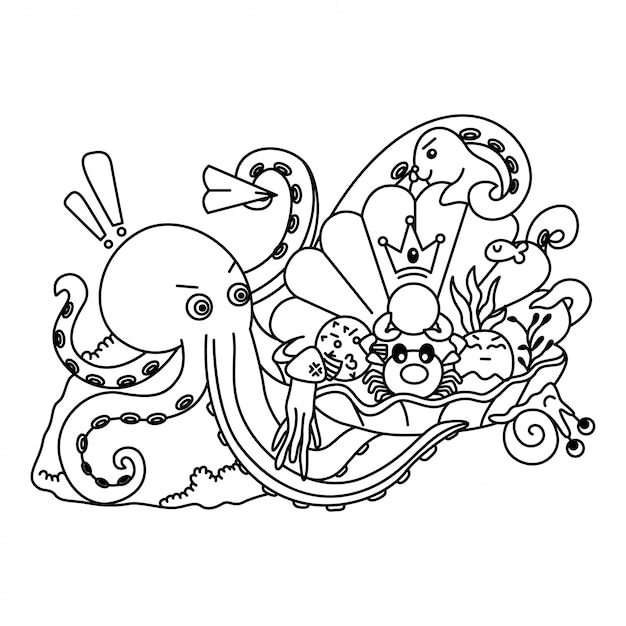 Ilustración de Doodle bajo el agua de pulpo blanco y negro