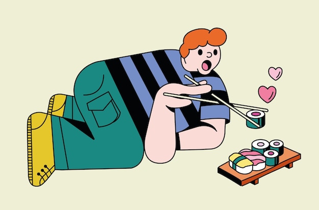 ilustración doodle amor comida comer estar lleno sushi adolescente hambriento satisfecho