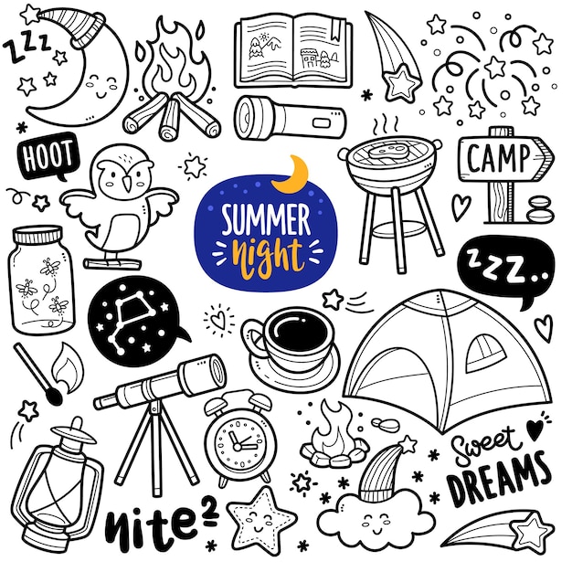 Ilustración de doodle blanco y negro de actividad de noche de verano