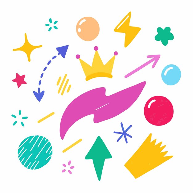 Ilustración de Doodle colorida con flechas y formas de estrellas de la corona