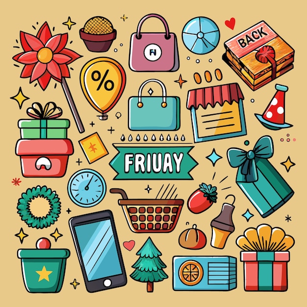 Ilustración de doodle colorido dibujado a mano de compras y ventas del Viernes Negro