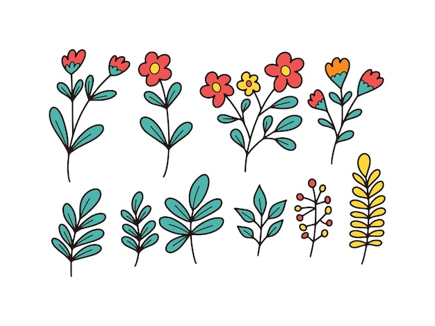 Ilustración de doodle colorido de flores silvestres y hojas