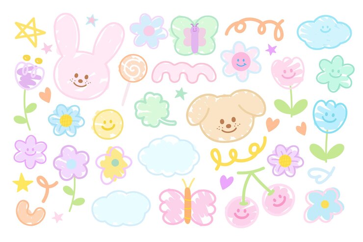 Ilustración de Doodle de conejo cachorro mariposa flor trébol hoja nube cereza estrella de caramelo para