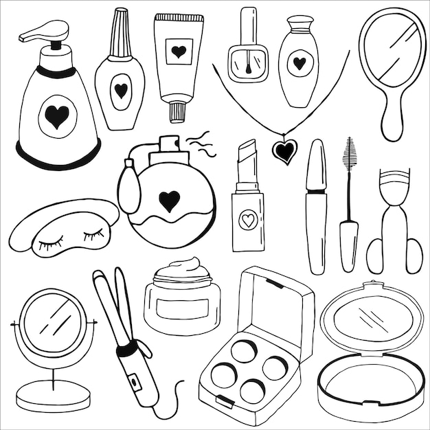Ilustración de Doodle de cosméticos y herramientas de maquillaje como pincel, lápiz labial, máscara, crema, esmalte de uñas, peine, etc. Ilustración de líneas en blanco y negro