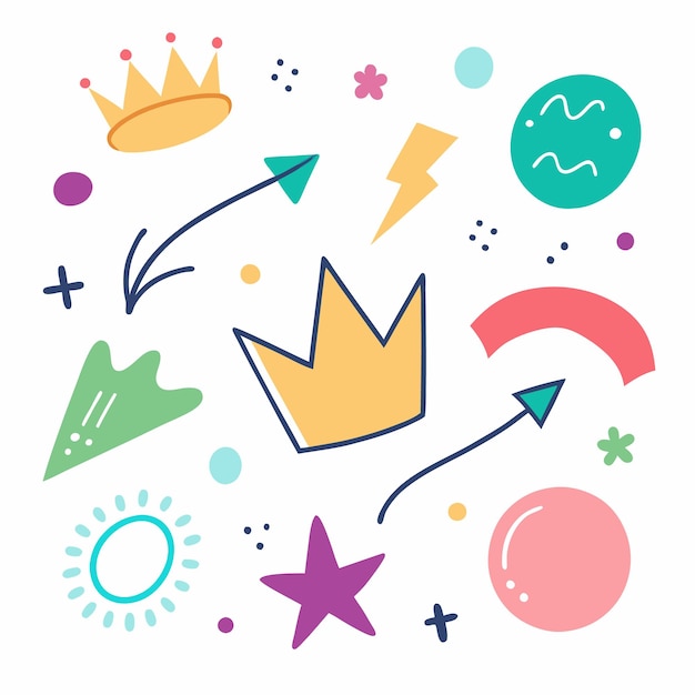 Ilustración de Doodle dibujada a mano con coronas, estrellas y flechas