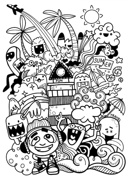 Ilustración con doodle dibujado a mano lindo monstruo y elementos de verano