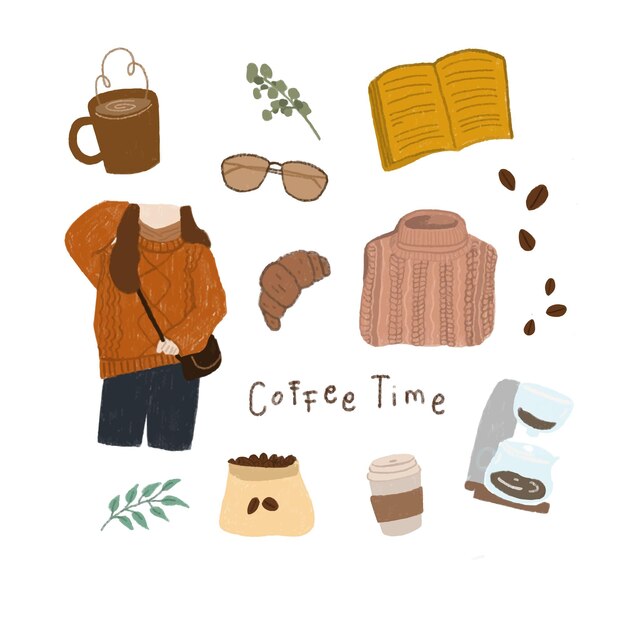 Ilustración de doodle de elemento de tiempo de café dibujado a mano