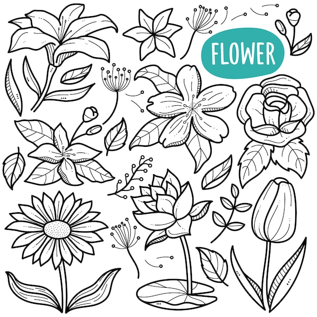 Ilustración de doodle de flor blanco y negro