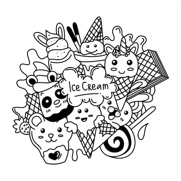 Ilustración de doodle de helado delicioso blanco y negro