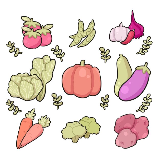 Ilustración de doodle lindo de compilación de verduras