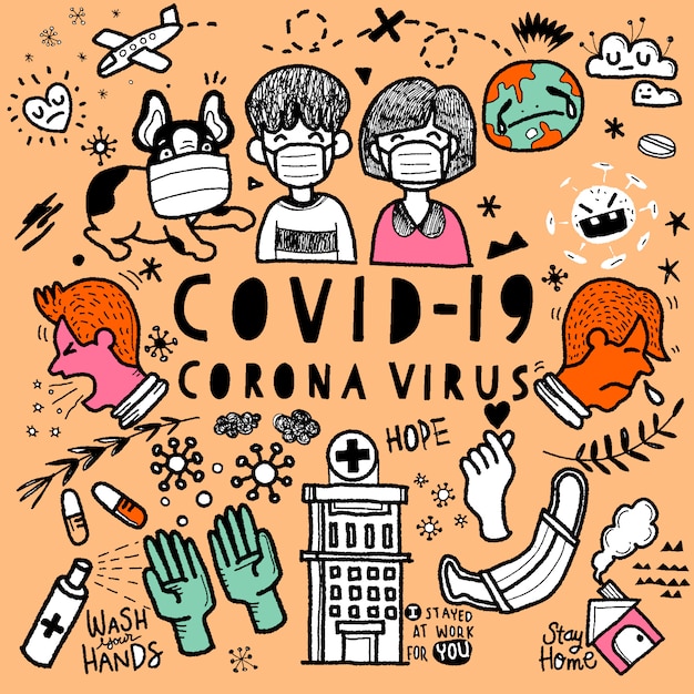 Ilustración de doodle lindo para el virus corona covid-19, ilustración dibujada a mano