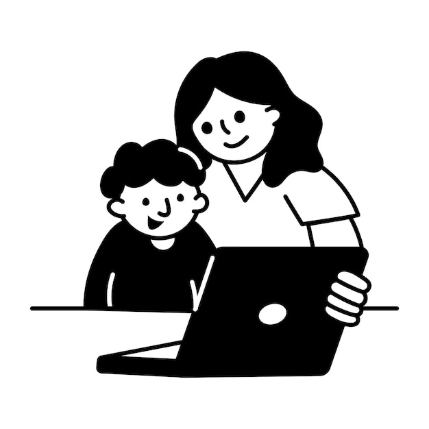 Ilustración de Doodle de una madre viendo el programa con su hijo en la computadora portátil