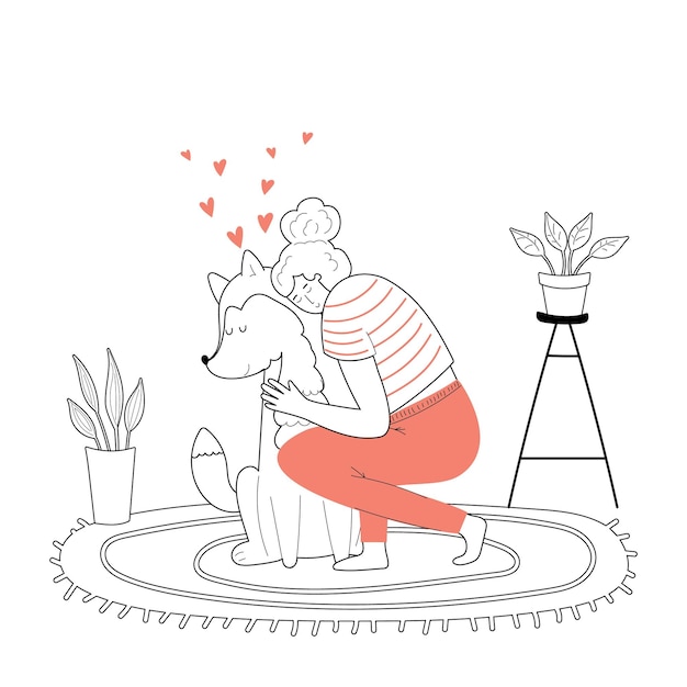 Vector ilustración de un doodle de una mujer feliz abrazando a un perro