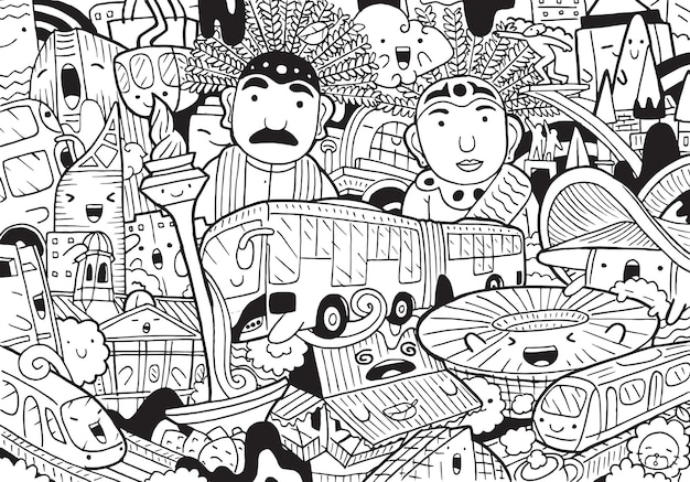 Ilustración del doodle paisaje urbano de yakarta en estilo de dibujos animados