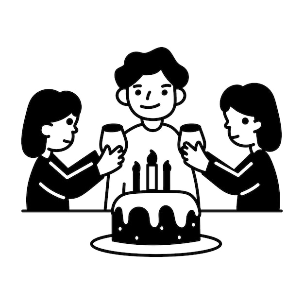 Ilustración de Doodle de personajes comiendo pastel en una fiesta de cumpleaños