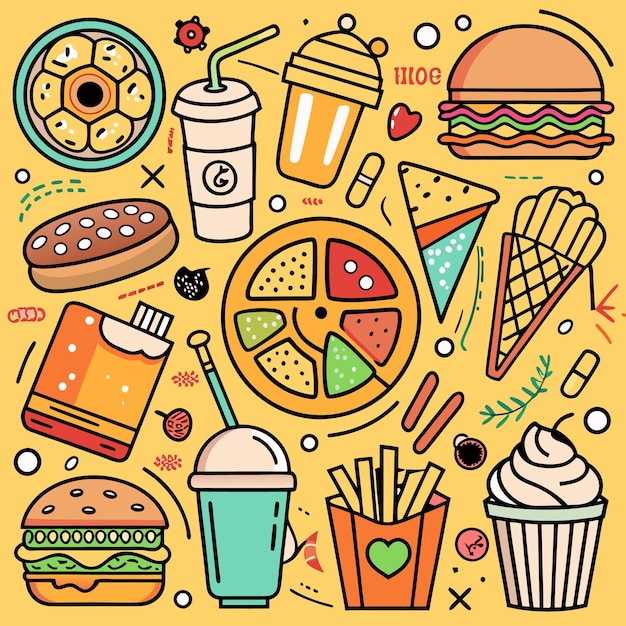 Ilustración de Doodle de varios artículos de comida rápida como pizza, hamburguesas, papas fritas y bebidas en un fondo amarillo