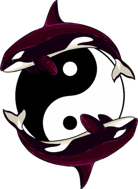 Vector ilustración de dos ballenas asesinas alrededor del símbolo yin yang