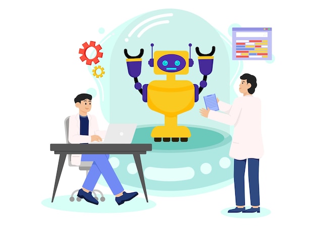 Ilustración Dos científicos están trabajando en un escritorio con un robot