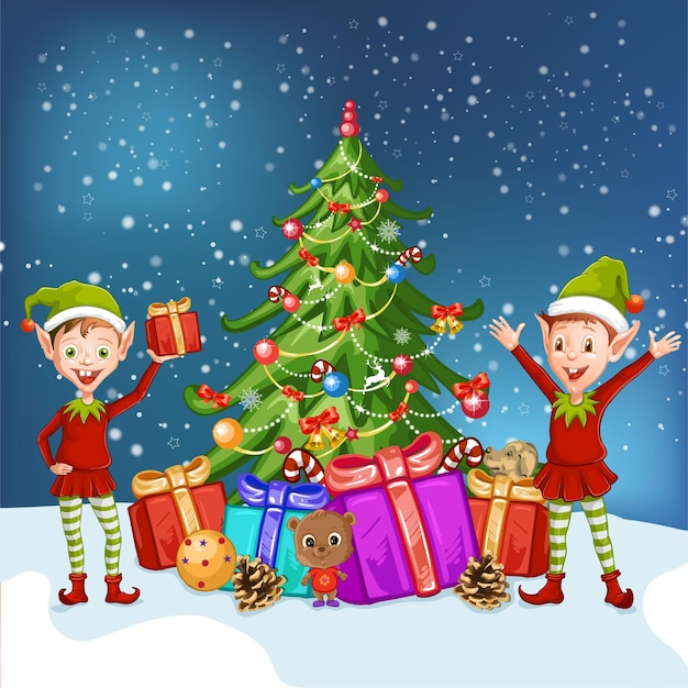 Ilustración de los dos elfos cerca del árbol de Navidad