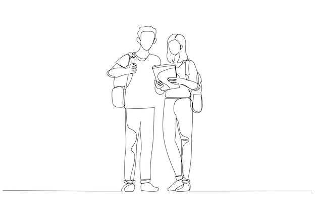 Ilustración de dos estudiantes con tableta y mochila posando juntos Estilo de arte de línea continua única