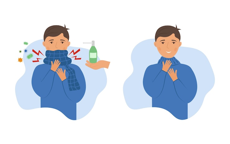 Vector ilustración con dos hombres uno con dolor de garganta y gérmenes el otro sonriente y saludable vector