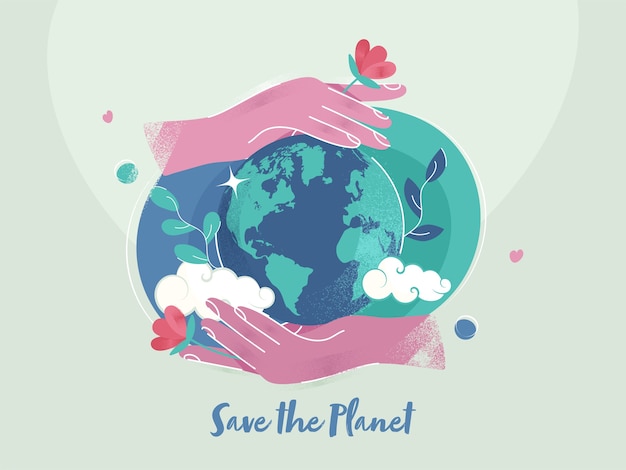 Ilustración de dos manos protegiendo el globo terráqueo con efecto de ruido sobre fondo verde claro para salvar el concepto del planeta.