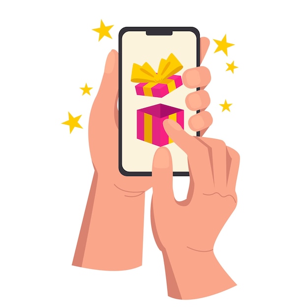 Ilustración de dos manos sosteniendo un teléfono con una caja de regalos Premio de regalo de promoción Gráfico vectorial