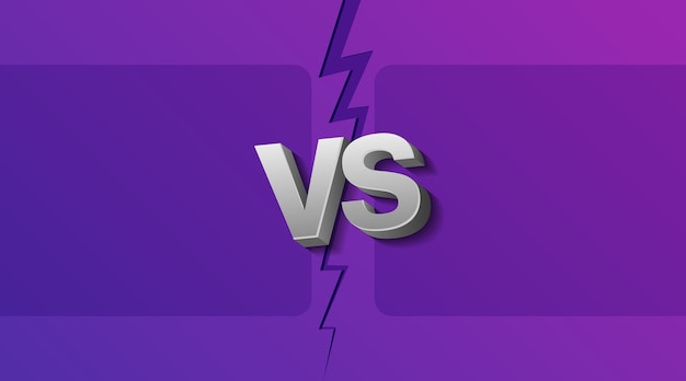 Ilustración de dos marcos vacíos y letras VS sobre fondo ultravioleta con relámpagos.
