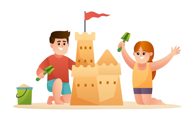 ilustración de dos niños lindos construyendo un castillo de arena
