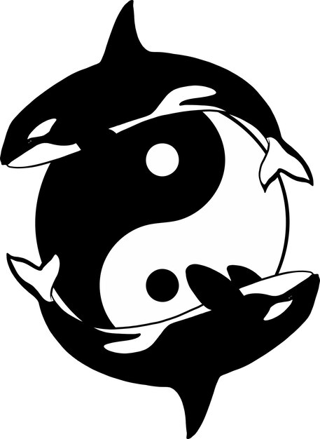 Ilustración de dos orcas alrededor del símbolo Yin Yang