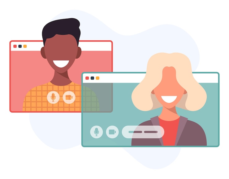 Vector ilustración de dos personas felices hablando por videollamada