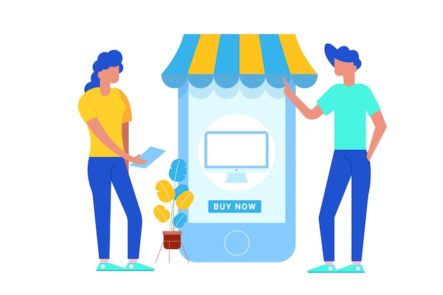 Ilustración de dos personas que usan un teléfono inteligente grande para compras en línea