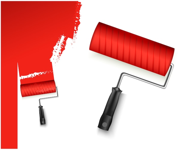 Ilustración de dos vectores con rodillo de pintura grande y pequeño y pintado de color rojo marcado aislado en blanco