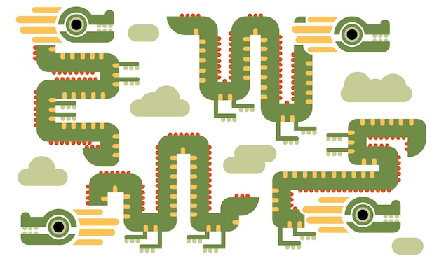 La ilustración del dragón está hecha en un formato geométrico en tonos verdes dragones curvos en geométricos