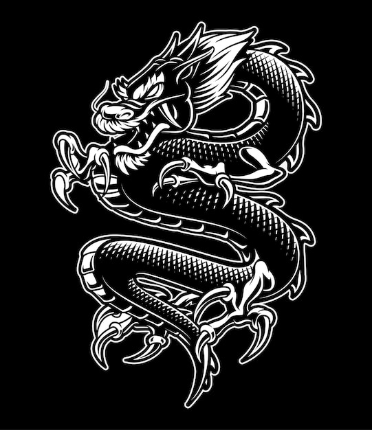 Ilustración de dragón japonés. Monocromo, sobre fondo oscuro.
