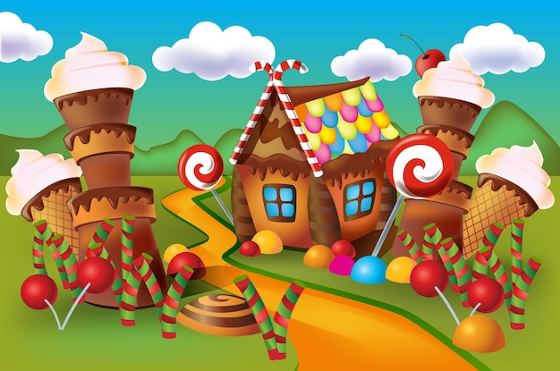 Ilustración de una dulce casa de galletas y dulces sobre un fondo de prados y caramelos en crecimiento