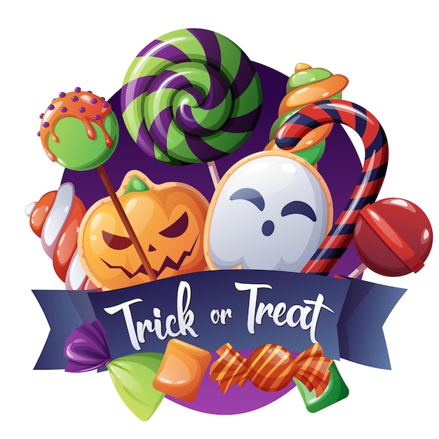 Ilustración con dulces de Halloween con una calabaza y un fantasma con una inscripción Truco o trato Etiqueta de pancarta de volante para el Día de Todos los Santos con galletas y dulces