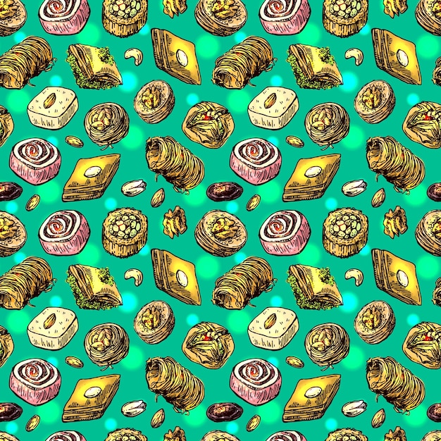 Ilustración de dulces orientales Comida turca Dibujo a mano Estilo de boceto Patrón sin costuras